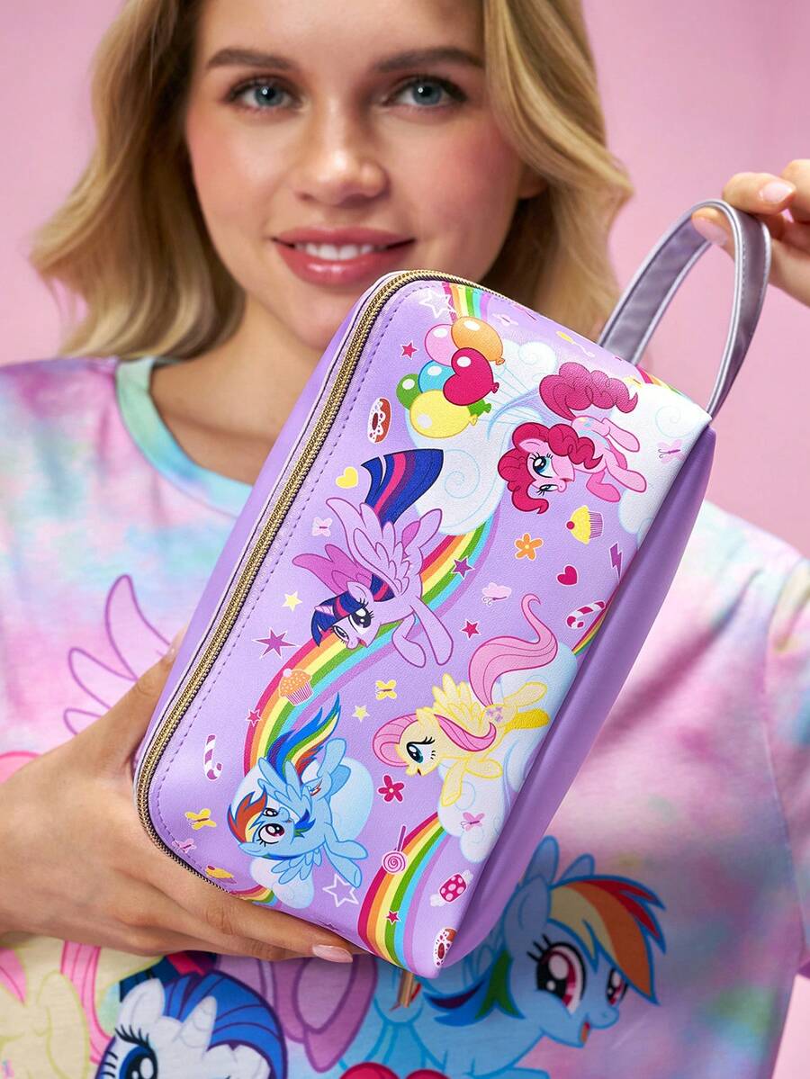 My Little Pony X SHEIN 1 件装卡通印花大容量扁平可展开 PU 皮革化妆包,多功能收纳包,小物件收纳包,旅行收纳包,数码收纳包,适合日常携带小物件、旅行、工作、化妆或学习,适合女性和学生,彩虹小马、暮光闪闪、柔柔、碧琪 - 紫色 - 查看 1