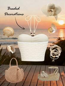 Lyxana Beaded Decor Strapless Tie Front Ruched Crop Top For Women, Beach Vacation Style - Apricot - View 3
