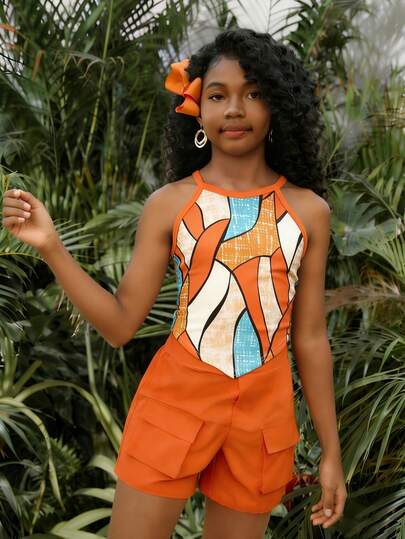 2件套 女孩度假沙滩热带休闲钩针露背不对称下摆针织背心+梭织工装短裤，姐妹装