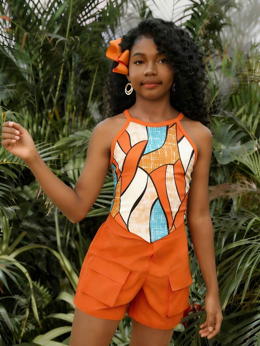 Bộ 2 món cho bé gái, thích hợp mặc đi biển, phong cách nhiệt đới, gồm áo tank top móc cổ bất đối xứng và quần short cargo, đồ đôi cho chị em gái. - Nhiều màu - Xem 1