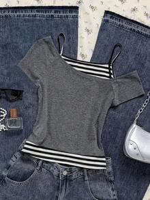 Attitoon Áo thun ngắn tay kẻ sọc tương phản họa tiết đầu mèo phong cách retro, thích hợp cho mùa xuân và mùa hè, chất liệu cotton pha. - Nhiều màu - Xem 2