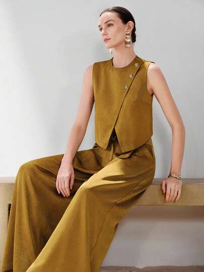 Aveloria Modichic 金属纽扣装饰，缎面质感面料，时尚无袖休闲上衣搭配高腰阔腿百搭长裤，女士两件套