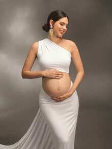 Cheriluna Maternity 优雅飘逸的缎带孕妇摄影礼服，婴儿洗礼派对 - 白色 - 查看 4