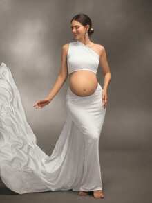 Cheriluna Maternity 优雅飘逸的缎带孕妇摄影礼服，婴儿洗礼派对 - 白色 - 查看 5