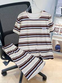 青少年男孩条纹印花短袖短裤休闲家居服两件套 - 彩色 - 查看 4