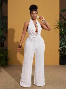 Maweii Plus Size Lace Halter V-Neck Backless Casual Jumpsuit - White - View 3