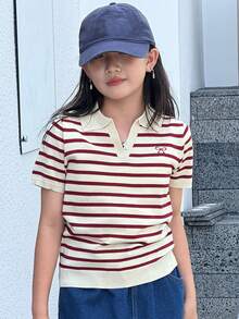 Dazy Kids Tween Girl Casual Loose Striped Short Sleeve Pullover Sweater, Summer, Back To School - Red - View 4