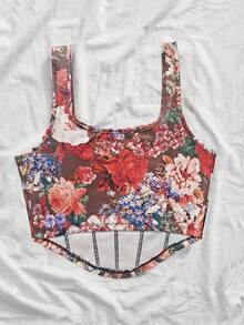 SHEIN VCAY 夏季大码优雅印花吊带背心 - 棕色 - 查看 2