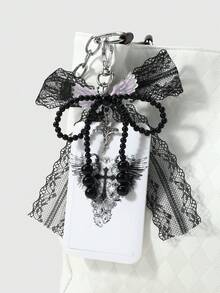 ROMWE Kawaii 1款全新Y2K个性化复古时尚甜美酷炫暗黑哥特风手工串珠黑色圆珠蕾丝蝴蝶结玫瑰荆棘十字架白色天使恶魔翅膀印花亚克力滑动卡套校园卡套、明星卡套、旅行交通卡套DIY钥匙扣配件包包挂件，适合上班族、学生、派对爱好者、日常佩戴、节日礼物 - 黑白色-103 - 查看 4