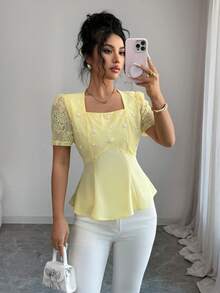 Elenzga Áo kiểu nữ thanh lịch phối lưới, cổ vuông, eo thắt, thích hợp cho mùa hè. - Vàng nhạt - Xem 6