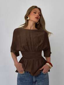 Aloruh 女士优雅圆领露背蝴蝶结装饰修身衬衫，乳白色 - 咖啡棕 - 查看 3