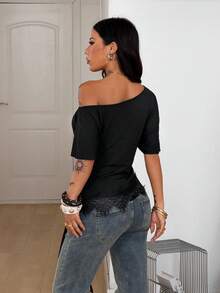 Coolane 黑色针织单肩修身女式T恤 - 黑色 - 查看 6