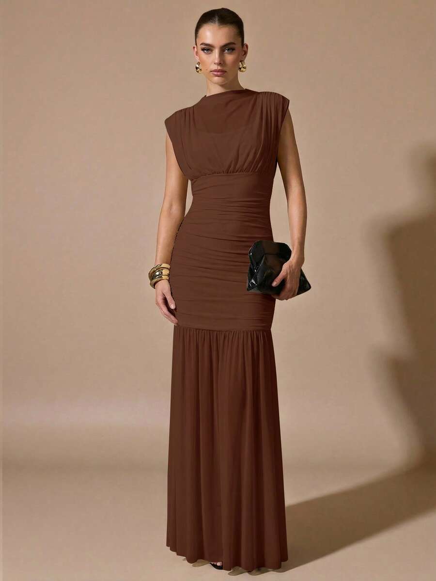 SHEIN BAE Đầm voan xếp ly màu đen thanh lịch, thích hợp cho những buổi hẹn hò lãng mạn, tiệc tùng, các sự kiện trang trọng, đầm phù dâu, đầm hè cho nữ, đầm dự tiệc trà, năm mới, ngày Valentine, đầm ngắn sinh nhật, đầm đen. - màu nâu - Xem 1