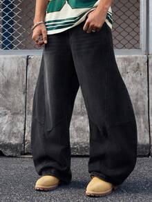 EVRINFINITE 1pc Men's Distressed Vintage Wash Loose Fit Patchwork Design Straight Leg Jeans (Belt And Accessories Not Included) - Black - View 7