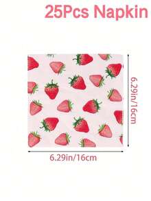 25pcs Strawberry Pattern Pink Disposable Paper Napkins, Birthday Party Supplies, Holiday Christmas Theme, Fruit Dessert Table Decor - multicolor - View 3