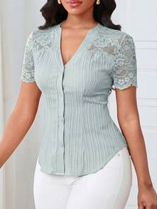 SHEIN Lunessa Women's Minimalist Single-Breasted Short Sleeve Shirt, Commuter Style - Baby Blue - View 6