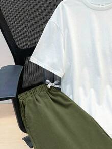 SHEIN 2pcs Set Teen Boy's Tropical Print Tee & Drawstring Waist Shorts;Spring Wear; Teen Boys' Clothing; Kids' Jackets, Spring Back To School - Army Green - View 4