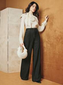 Anewsta Vintage Academic Office Commute Elegant High-Waisted Draping Women's Pants With Belt, Spring/Autumn - Volcanic Gray - View 5
