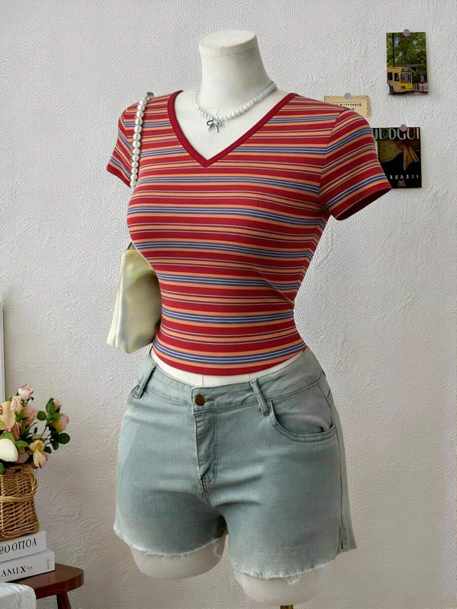 Lalippa Women's Striped V-Neck Short Sleeve Fitted T-Shirt - Multicolor - View 1
