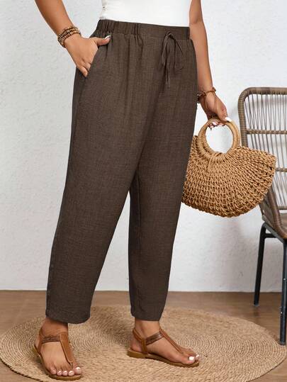 SHEIN Frenchy Pantaloni casual tinta unita di taglia comoda con vita elastica e tasche diagonali