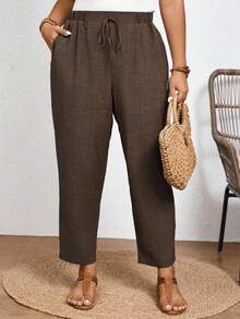 SHEIN Frenchy Plus Size Solid Color Casual Trousers With Elastic Waist And Diagonal Pockets - Brown - View 3