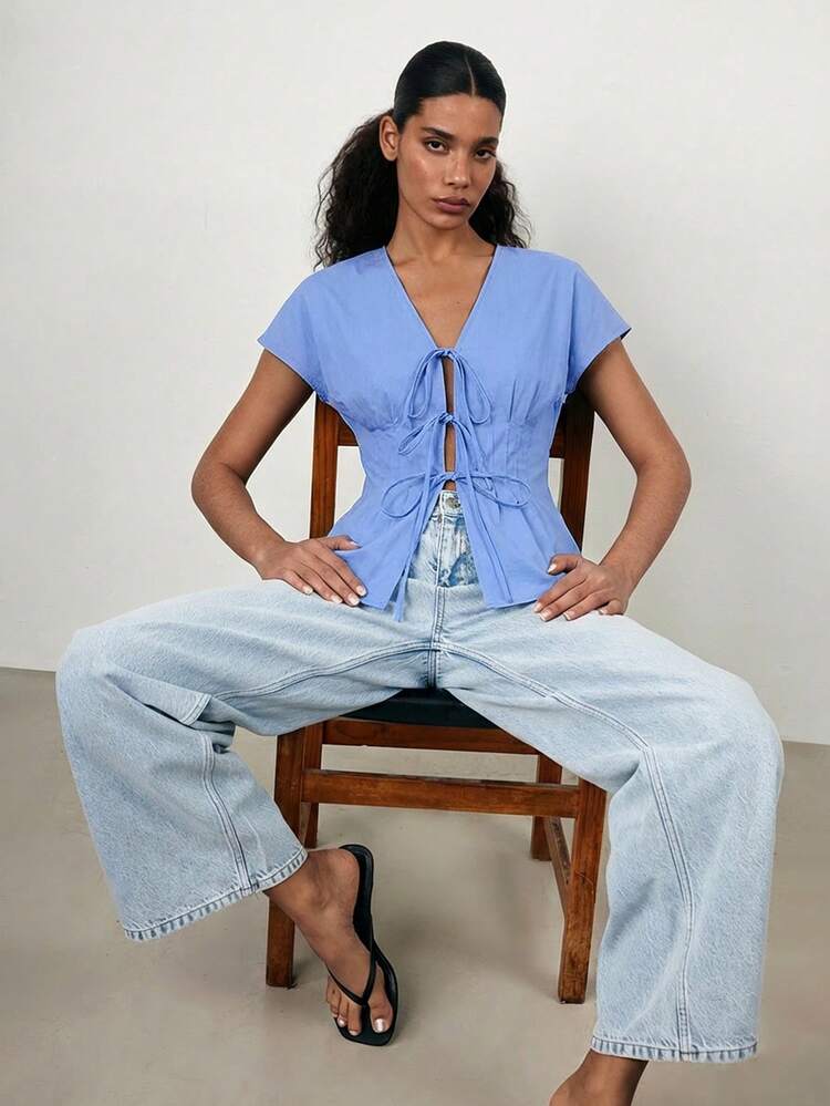 SHEIN Maija Spring/Summer New V-Neck Front Tie Bow Waist Pleated Shoulder Puff Sleeve Women Shirt, Elegant For Carnival Party, Valentine's Day,Summer Top