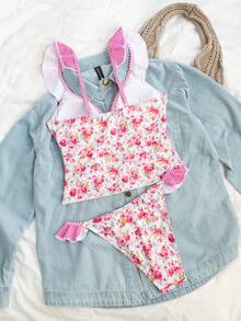 Swim Mod 女士性感可爱花卉褶皱边饰+蝴蝶结点缀+荷叶边侧边比基尼套装，春夏款 - 彩色 - 查看 4