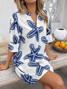SHEIN Clasi Đầm ngắn mùa hè in hình sao biển dành cho nữ, màu trắng thanh lịch, thích hợp cho kỳ nghỉ. - trắng - Xem 6