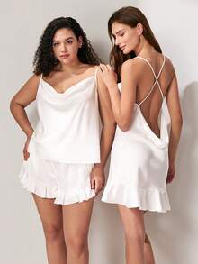LUVLETTE Áo ngủ satin trắng mềm mại mùa hè - Thiết kế cổ đổ và lưng hở, chất liệu lụa mềm mại, thích hợp cho váy cưới. - trắng - Xem 10