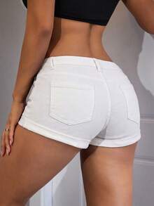 SHEIN PETITE Women's Casual Everyday Pocketed Button Denim Shorts - White - View 2