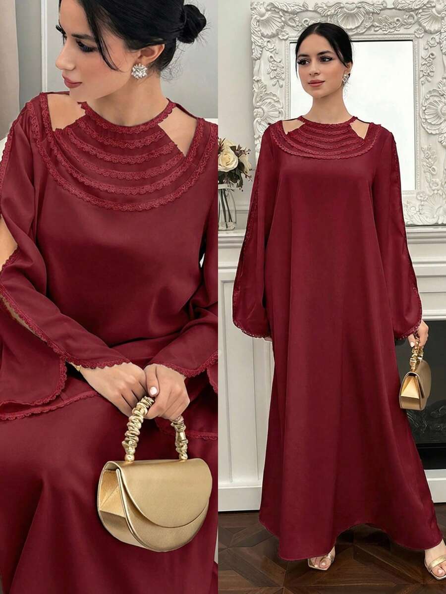 Yasmyna Gaun Arab Elegan Lengan Panjang Longgar dengan Renda Kontras Warna Polos untuk Wanita
