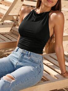 Swim Vcay 优雅黑色圣诞派对无袖吊带上衣，女士冬季款 - 黑色 - 查看 3