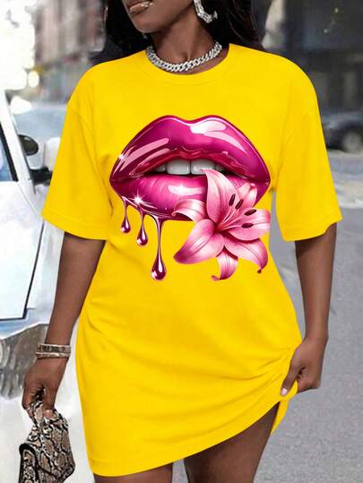 Maweii 大码夏季休闲唇印花卉图案连衣裙