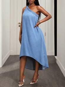 Slaydiva Casual Asymmetric Hem Sleeveless Denim Dress For Women - Blue - View 5