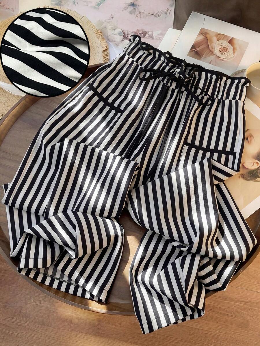 EMERY ROSE Plus Size Striped Casual High Waist Slimming Straight Leg Pants, Suitable For Summer Outfit - Black and White - View 1