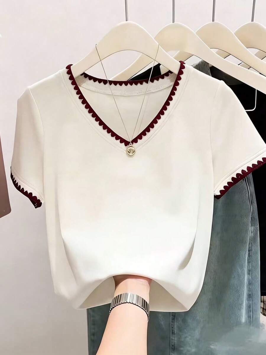 Resyla Áo thun nữ kiểu dáng thường ngày phối màu, viền ren, thích hợp cho mùa hè. - Màu be - Xem 1