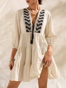 Vestido romántico de línea A con cuello en V, cintura anudada y bordados, estilo bohemio, suave, para vacaciones, para mujeres - Albaricoque - Ver 7