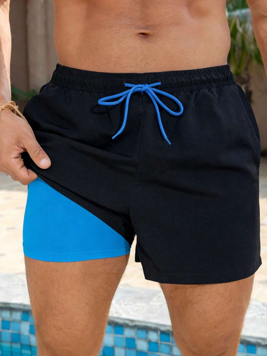 ZELFYO Pantalones cortos de playa casuales 2 en 1 para hombre - Negro - Ver 1