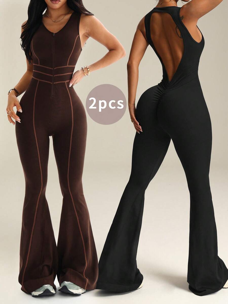 SHEIN Velisys 2pcs Women's Front Zipper V-Neck Striped Waist Tie Dark Brown,Summer,Sexsy,Gym Backless Sleeveless Flare Pants Jumpsuit For Yoga Dance Workout