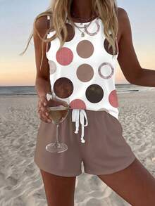 SHEIN LUNE Bộ đồ nữ gồm áo tank top cổ tròn và quần short, thích hợp cho mùa hè. - Nhiều màu - Xem 4
