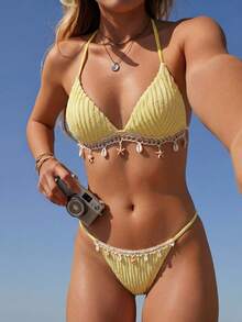 Swim Mod Springbreak Solid Color Textured Fabric Shell Strap Decor Halter Neck Swimwear Top, Summer Beach Party Bikini Top For Women Butter Yellow - Light Yellow - View 6