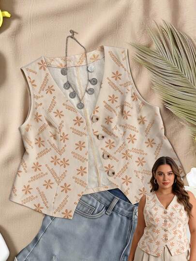 Franclia Blusa sin mangas de talla grande con cuello en V, estampado de lámina dorada y decoración de un solo abotonado, de uso casual