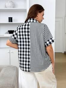 Levarali Plus Size Cotton Gingham Print Shirt , Summer Casual Comfortable Back-To-School For Women Formal Party Teacher - Black and White - View 2