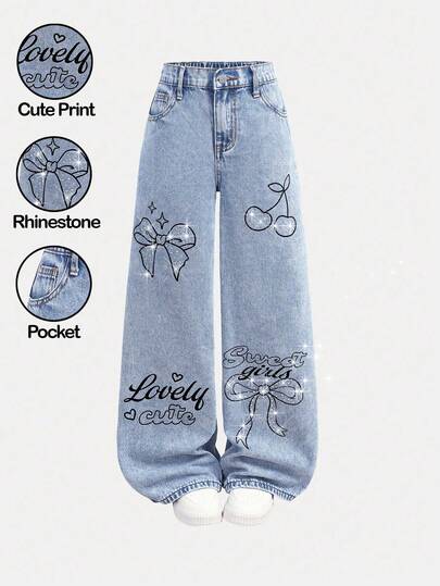 Girlism 女童闪亮水钻蝴蝶结樱桃图案宽松蓝色牛仔裤