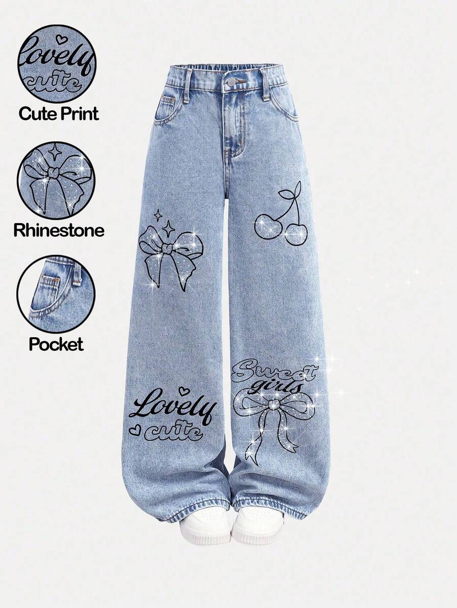Girlism 女童闪亮水钻蝴蝶结樱桃图案宽松蓝色牛仔裤 - 淺色水洗藍 - 查看 1