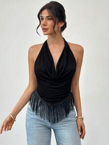 Firerie Áo hai dây cổ xếp ly màu trơn có tua rua dành cho nữ, thích hợp cho kỳ nghỉ. - màu đen - Xem 9