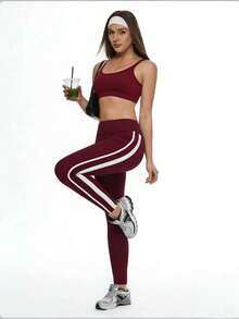 Eassivo Eassivo 撞色条纹高腰无缝打底裤 - 酒紅色 - 查看 3