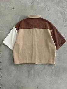 AXEPEAK Men's Corduroy Patchwork Short Sleeve Shirt, Spring/Summer - Khaki - View 3