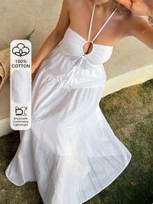 Beach Party Holiday Outfit Summer White Halter Midi Dress For Women Sundress - Beige - View 1