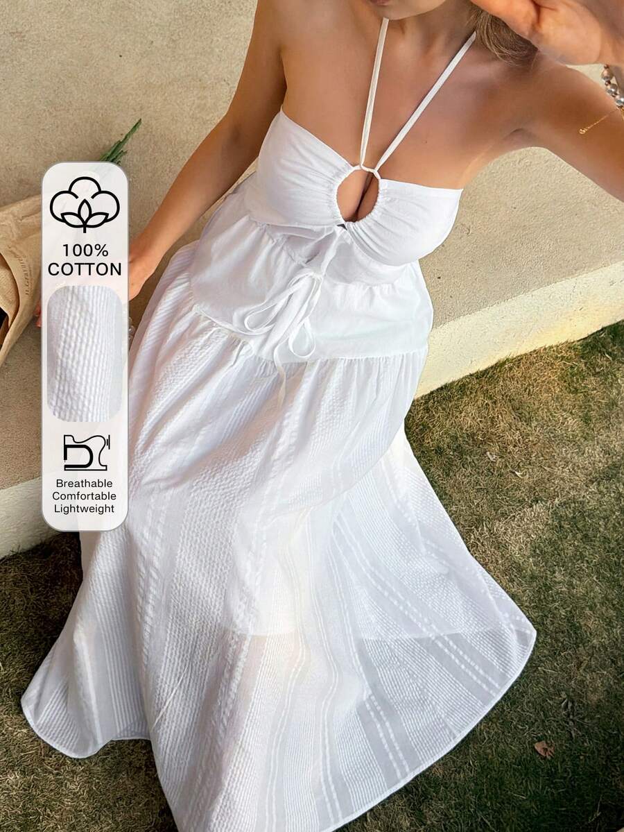 Beach Party Holiday Outfit Summer White Halter Midi Dress For Women Sundress - Beige - View 1